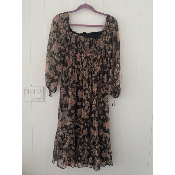 LAUREN CONRAD Smocked Off Shoulder Midi Dress Black Floral Boho Medium - Picture 3 of 5